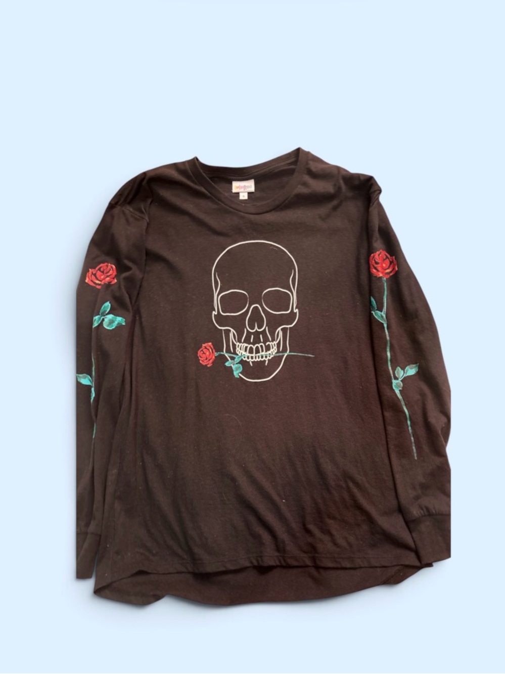 LuLaRoe Black Long-Sleeve Tee with Skull & Red Rose Accents